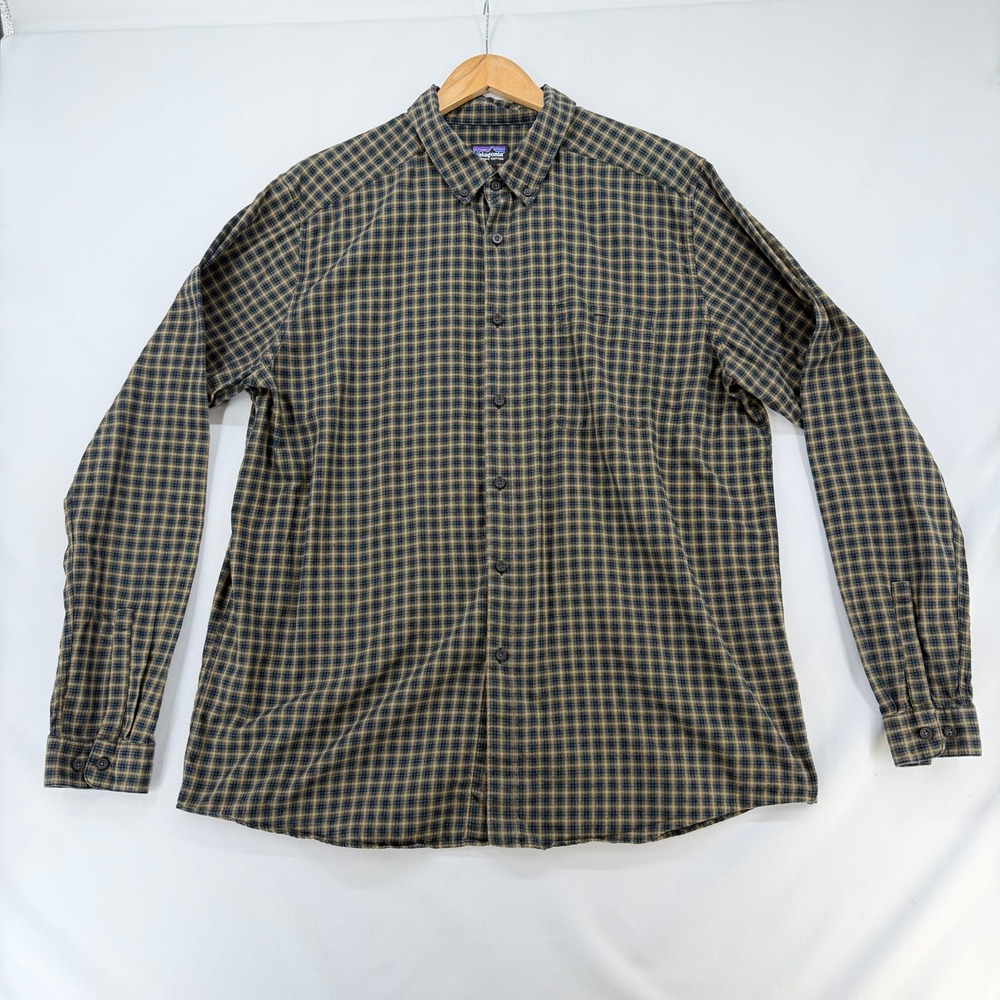 Patagonia Mens XXL Organic Cotton Plaid Flannel Button Down Shirt Brown Yellow